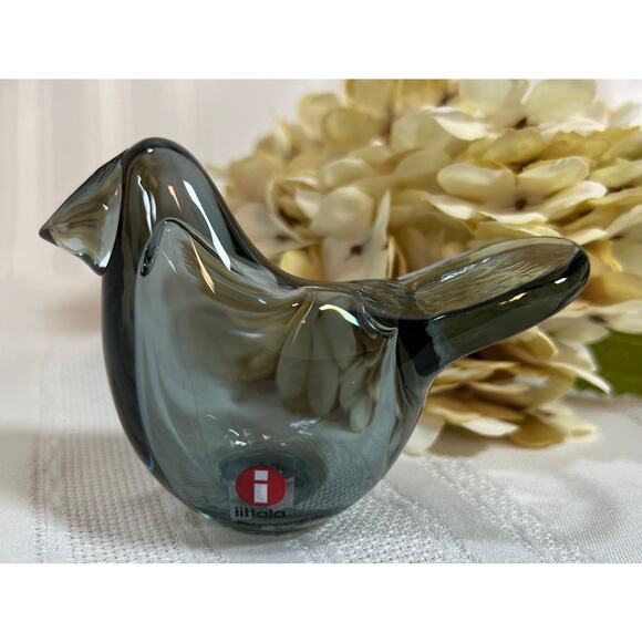 Iitala Signed & Stickered Oiva Toikka Grey Glass Bird Flycatchers Vintage - Picture 1 of 7